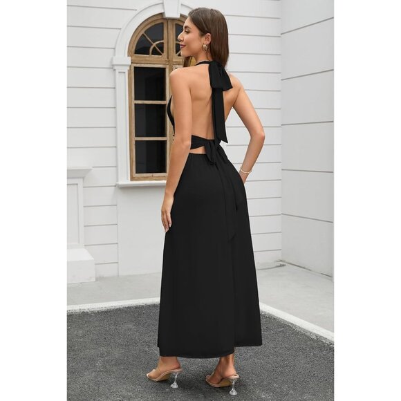 Women's V Neck Halter Maxi Dress Polyester Slit Backless Elegant Occasion - Picture 3 of 6